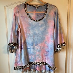White birch, half sleeve, tie dye, cheetah top, Medium